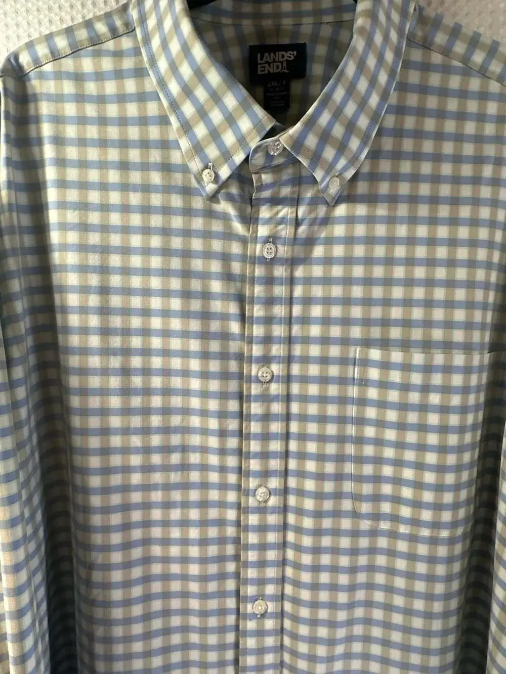 Lands' End Traditional Fit Blue and Tan Gingham Check Button-Down Shirt